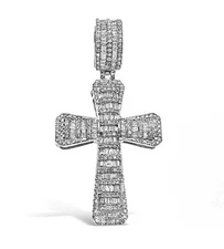 1.38 Cttw Baguette Round Diamond Cross Pendant Mens Charm 14k White Gold