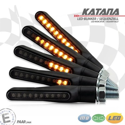 LED-Blinker KATANA SEQ Alu schwarz M8 Paar L63xT30xH15mm getönt E-geprüft