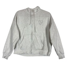PINK Victoria's Secret Hoodie Womens XS Gray Full Zip Fleece Rhinestone Heart