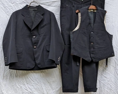 Vintage 1930s 1940s 3-Piece Suit Set Jacket Vest Pants Wool Black Color Rare