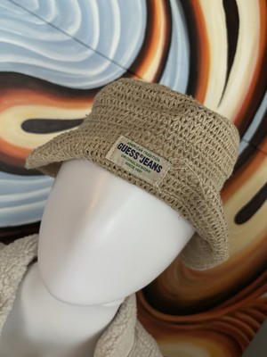 90s Vintage Kids Girls Hat Cottagecore Summer Brim Straw Jute GUESS? Jeans Worn