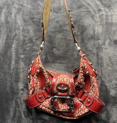 Guess Y2K Red Monogram Satchel Bag Faux Ostrich Trim Y2K Leopard Print RARE