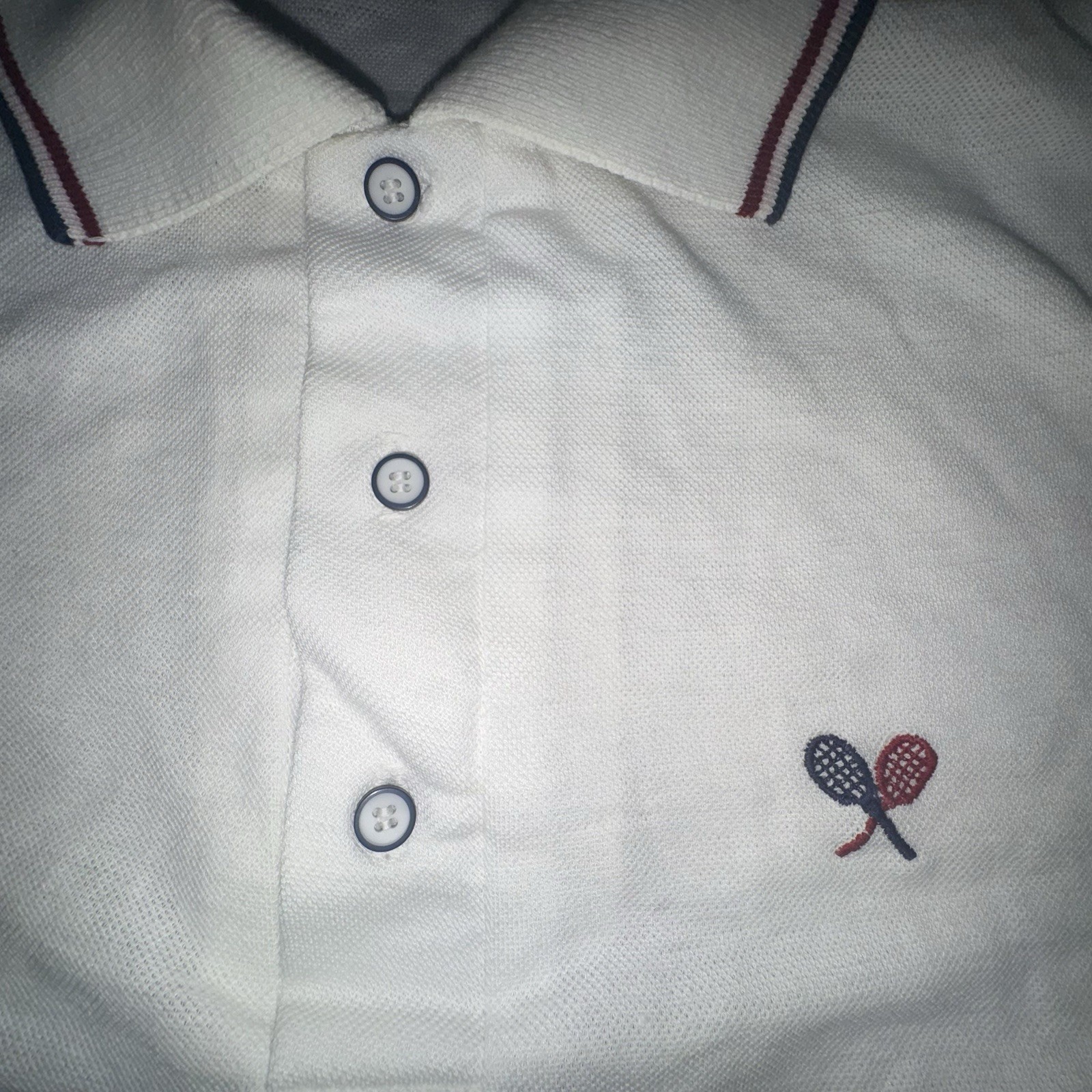 Vintage 70s/80s Sport-Knit Tennis Polo Shirt White Racquets Striped M Mens image 4