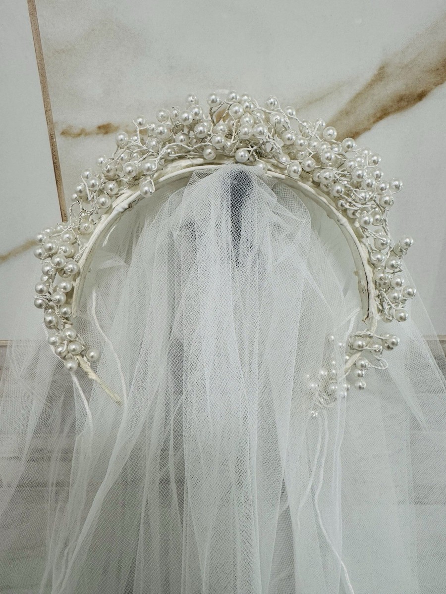 Bridal fingertip Veil w Pearl Headpiece White Tulle 2 Tier  display picture 3