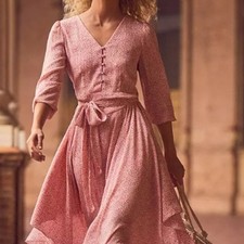 Vince Camuto Pink Fit and Flare Midi Dress with Puff Sleeves
