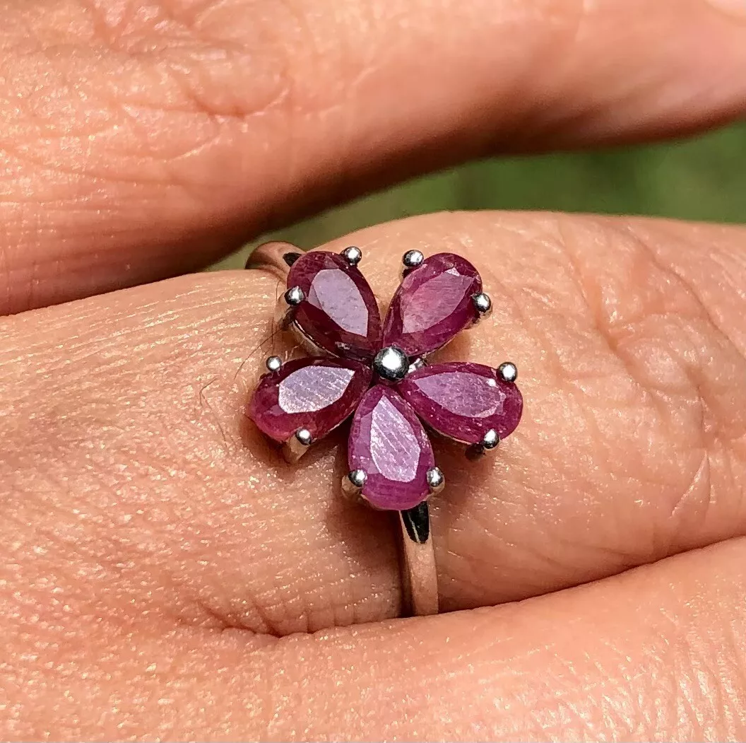 Natural Ruby Flower Floral Ring in 925 Sterling Silver Flower