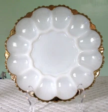 Vintage Fire King White Milk Glass Deviled Egg Plate 22k Gold Trim  1950's MCM