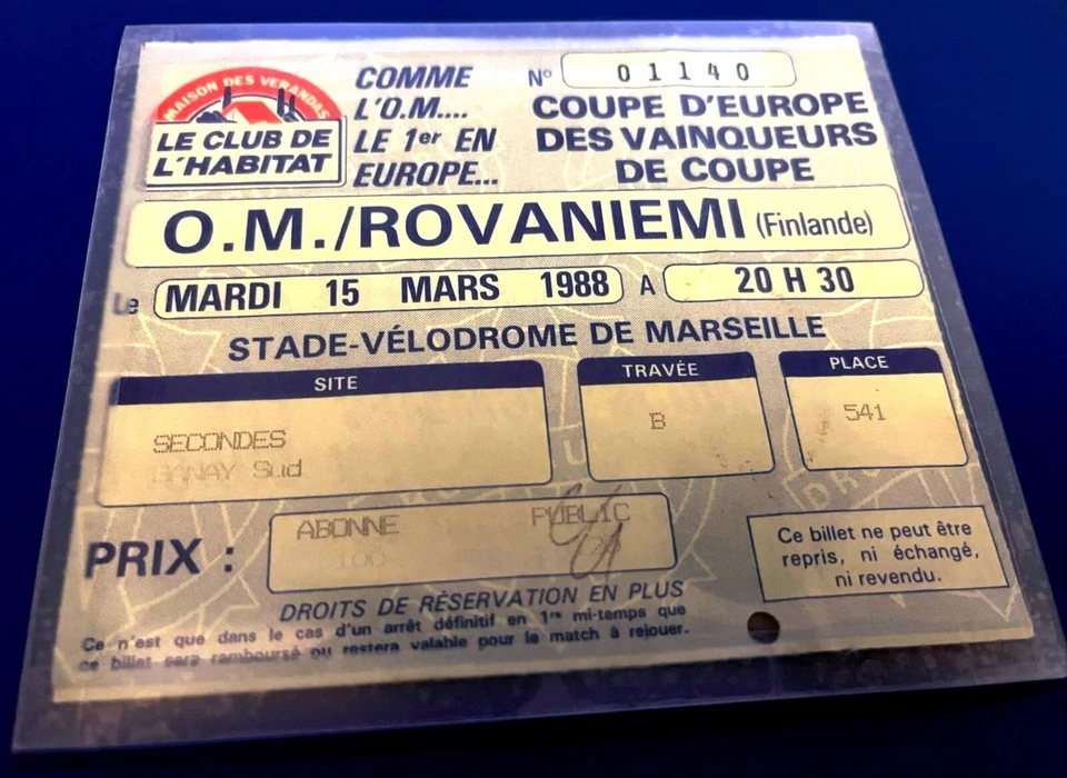 FOOTBALL BILLET MATCH 15/03/1988 : 1/4 FINALE COUPE DES COUPES OM ROVANIEMI 3-0 - Photo 3/3