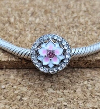 Authentic Pink Cz White Magnolia Flower European Charm Bead