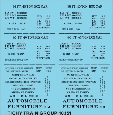 Tichy Train Group 10351N N Scale 36' 40' Auto Furniture Boxcar Data Black Decals
