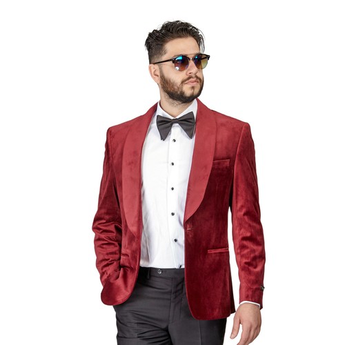  Herren Burgunder Samt Smoking Blazer Jacke Schalkragen Revers 1 Knopf Slim Fit AZAR MAN - Bild 2 von 6