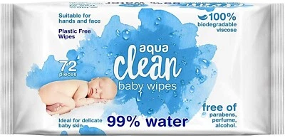AQUA CLEAN BABY WIPES 99% WATER, BIODEGRADABLE, 72 WIPES