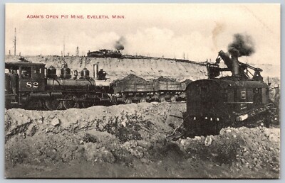 Trains at Adam's Open Pit Mine Eveleth Minnesota VINTAGE Postcard 2518