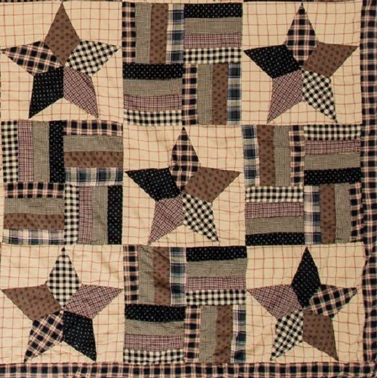 Bingham Star King Quilt Hand Stitched Black & Tan Country Strip Block Patchwork