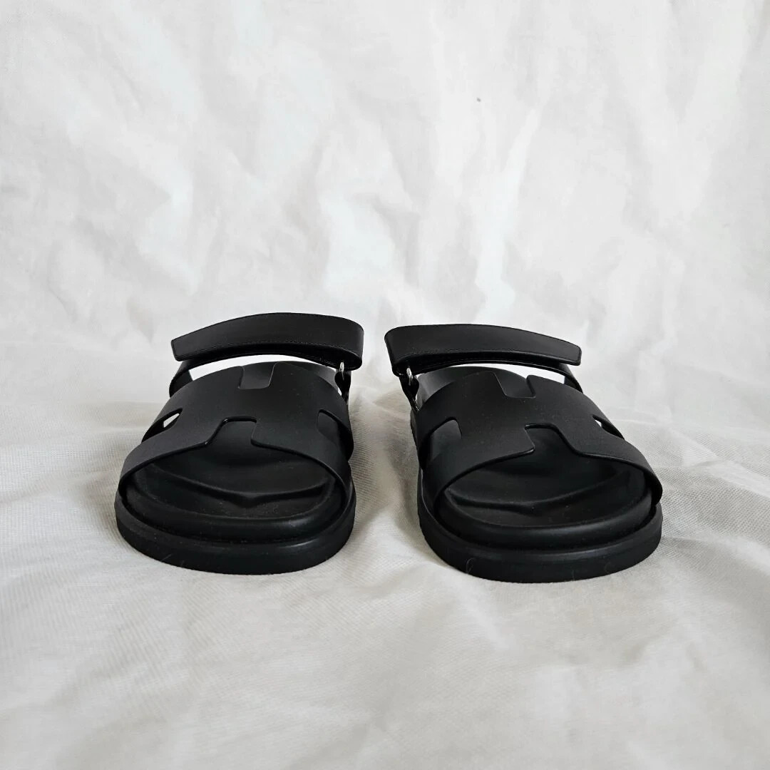 Hermes Black Leather Chypre Sandals Size 37