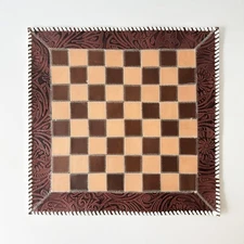 Handmade Leather Chess Mat 16"x16" – Genuine Leather Checkerboard Game Board