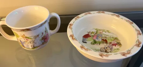 Vintage Royal Doulton Bunnykins Bowl & Cup, Wheelbarrow Races & Ice Cream