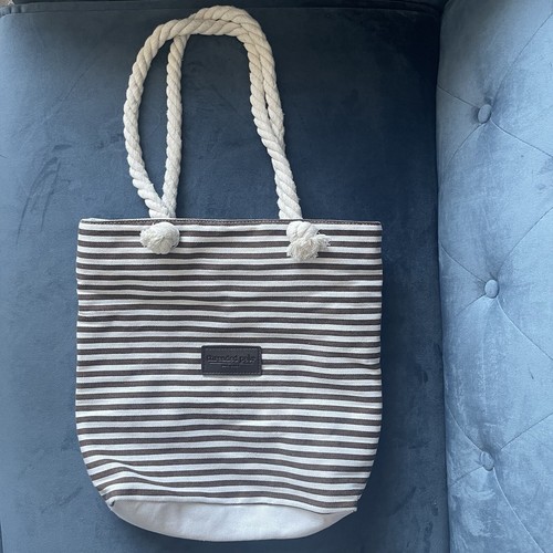 Threaded Pear Tote Bag Canvas Brown White Stripe Logo Zip Robe Dual Handles FLAW