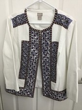 Chico's White Multicolor Trim W/Embellishments Long Sleeve Open Jacket Size 2/L