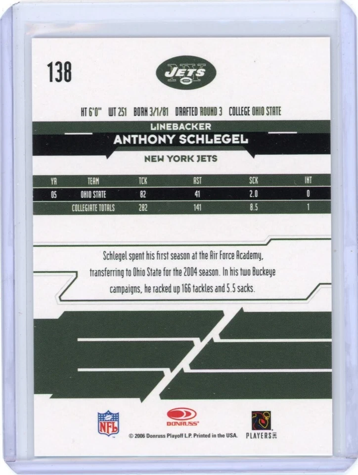 2006 LEAF ROOKIES & STARS RC ANTHONY SCHLEGEL LONGEVITY #138 JETS BUCKEYES /999 - Image 2 of 2