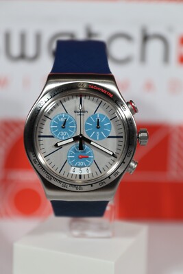 NEW Rare Swiss Swatch Irony BLAU ME ON Silicone Blue Chrono Watch 44mm YVS435