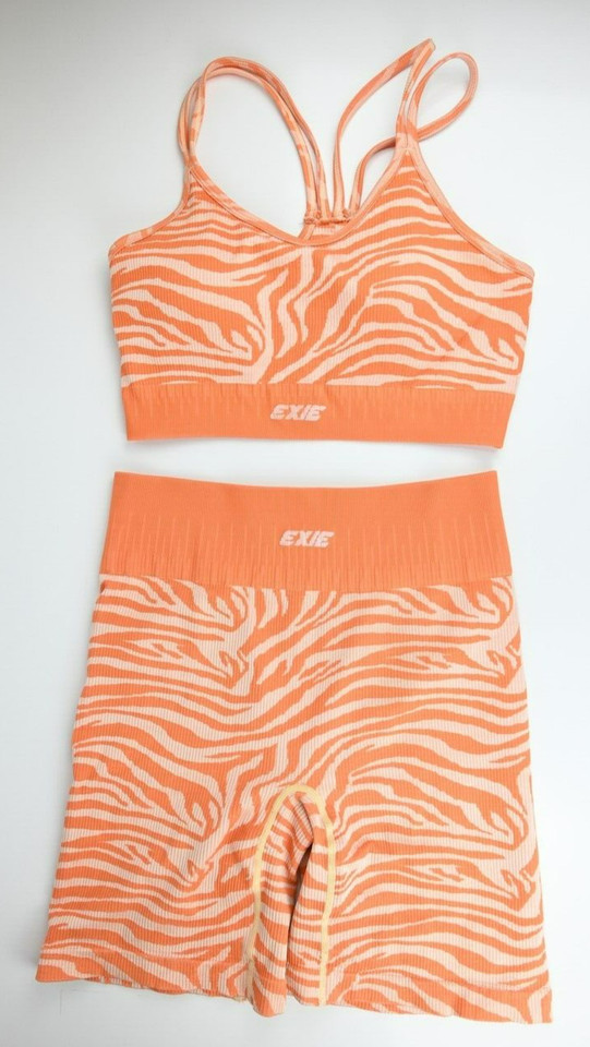 Exie Activewear Set Crop Top Bike Shorts orange beige zebra Size Medium / Large