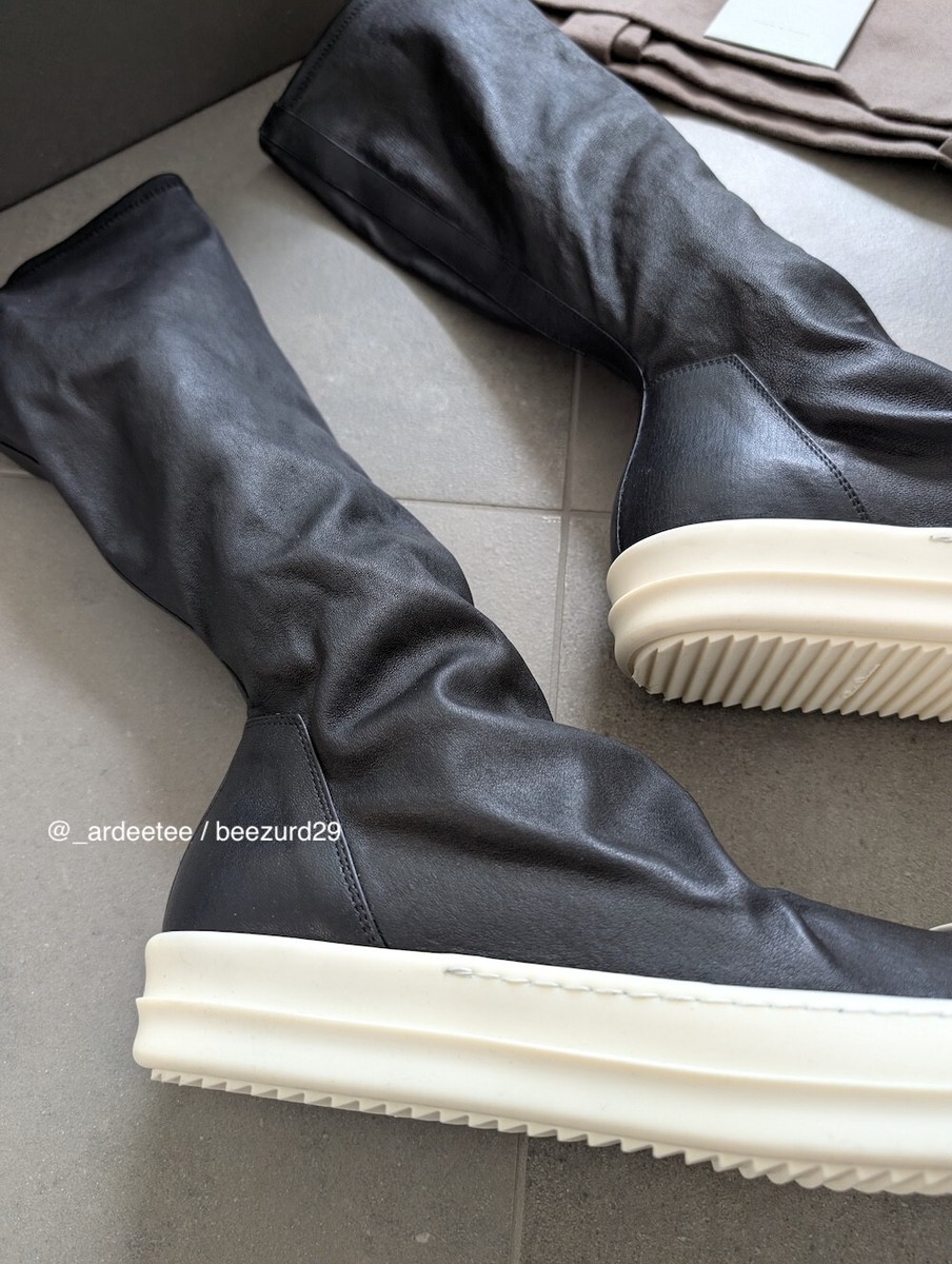 RICK OWENS LEATHER RAMONES SOCK SNEAKERS CALF HIGH (BLACK 41, 44