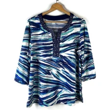 Croft & Barrow Womens Blouse Top Size 1X Blue Striped V-Neck Slit Studded