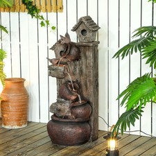2-in-1 Waterfall Fountain with Birdhouse, Garden Water Feature with LED Lights
