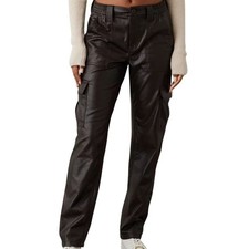 American Eagle High Waisted Vegan Leather Straight Cargo Pants Brown Size 14