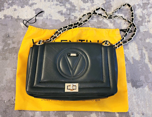 Mario Valentino Black Leather V Logo Chain Shoulder Bag Italy Dust Bag 10.5"