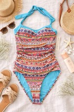 Into the Bleu One Piece Swimsuit Size 8 Boho Paisley Halter Ruched Multicolor NW