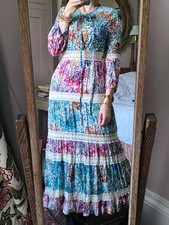 BNWOT Luna Llena Boho Vintage 70s Style Rayon Dress Maxi Tiered Lace 8 10
