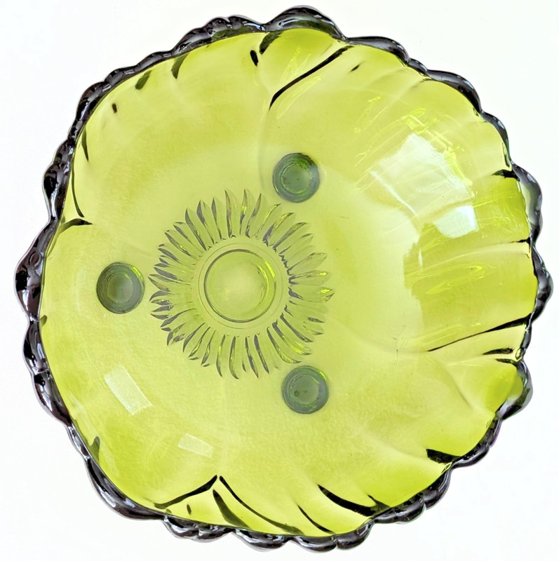 Indiana Glass Olive Green Footed Bowl 11" Sunflower or Starburst Pattern 1960s