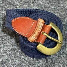 Talbots Women's Sz XL Belt Navy Cotton Woven Braided waist w Real Leather Buckle