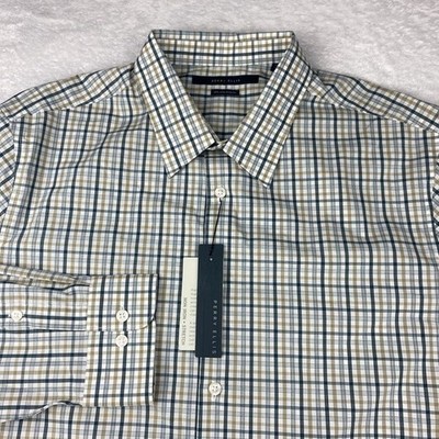 Perry Ellis Dress Shirt Mens XL Green/Tan Checks Regular No Iron Stretch NWT!