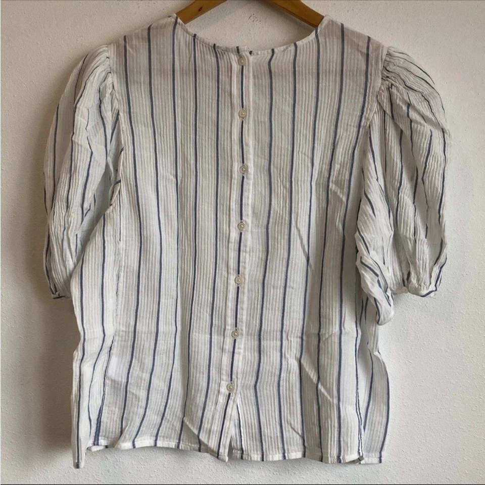 Blusa J Crew manga folhada gaze transparente pequena azul branca - Imagem 4 de 4