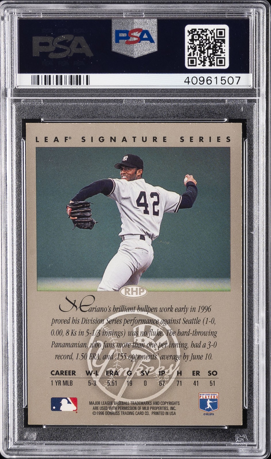 1996 LEAF SIGNATURE AUTO BRONZE MARIANO RIVERA PSA 8 DNA AUTO 9 view 2