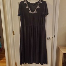 Lane Bryant sz 18 black gauzey midi dress short slv embroidered elevated basic