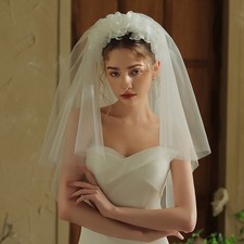 Integrated Headband Double Tier White Flower Bridal Veil Wedding Marriage Photo