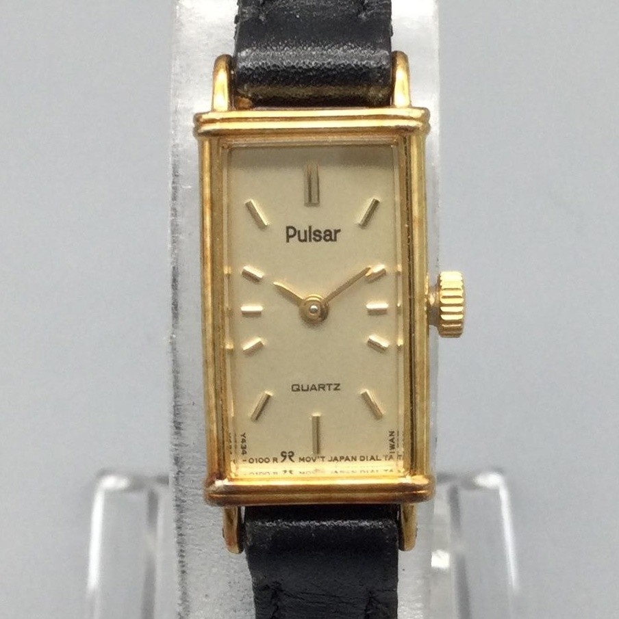 Pulsar Womens Watch 13mm Gold Tone Dial Black Leather Y434-5090