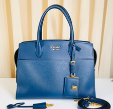 PRADA Saffiano Top Handle 2way Shoulder Handbag Women Blue Gold