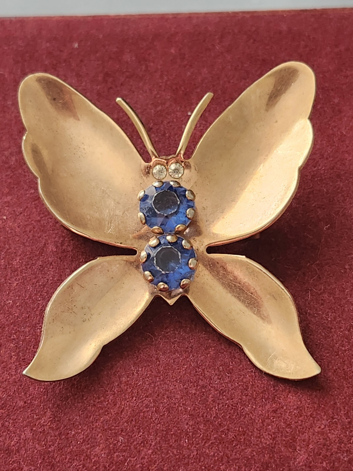 Vintage Solid Cooper Blue Rhinestone Butterfly Br… - image 1