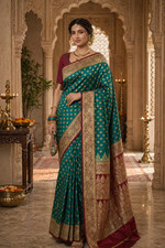 Green Katan Silk Banarasi Saree, Gold Zari Border, Maroon Accents, Festive Wear