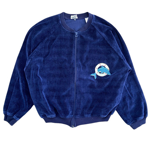 Hermès, Giacca da spiaggia vintage anni 90 Hermès blu zip spugna cotone logo ricamato delfino M