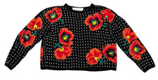VTG Adrienne Vittadini Sweater Black Red Poppies Dots Cropped Petite Oversized