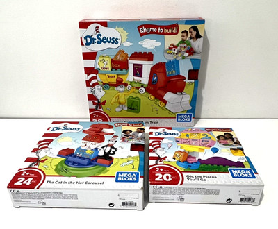 MEGA BLOKS LOT 3 GREEN EGGS AND HAM TRAIN CAT IN THE HAT CAROUSEL OH PLACES GO!!