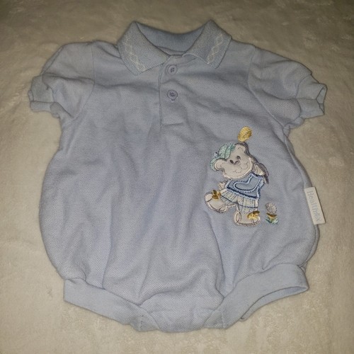 Vintage Healthtex 0-5 Months Baby Blue Teddy Bear Golf Romper Outfit USA