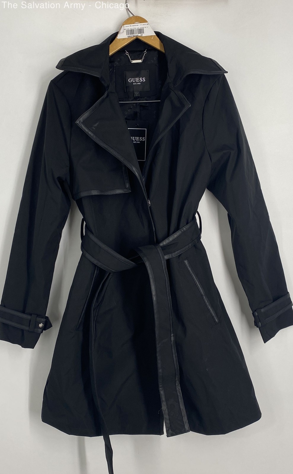 GUESS Womens Jet Black Long Sleeve Helen Mid Length Belted Trench Coat Size S