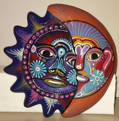 Mexican Folk Art Talavera Moon & Sun Eclipse Hand Painted Clay Ethnic Wall Decor